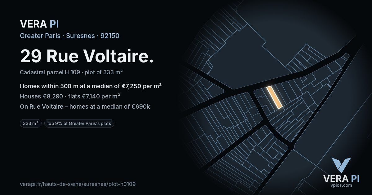29 Rue Voltaire, Suresnes at night – the plot lit, the parcels around coloured by the prices near them
