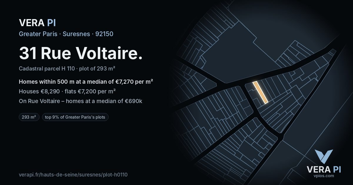 31 Rue Voltaire, Suresnes at night – the plot lit, the parcels around coloured by the prices near them
