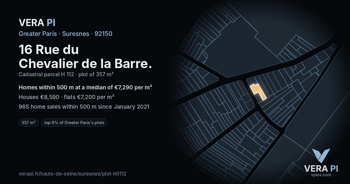 16 Rue du Chevalier de la Barre, Suresnes at night – the plot lit, the parcels around coloured by the prices near them