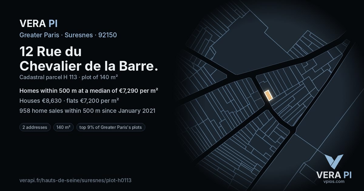 12 Rue du Chevalier de la Barre, Suresnes at night – the plot lit, the parcels around coloured by the prices near them
