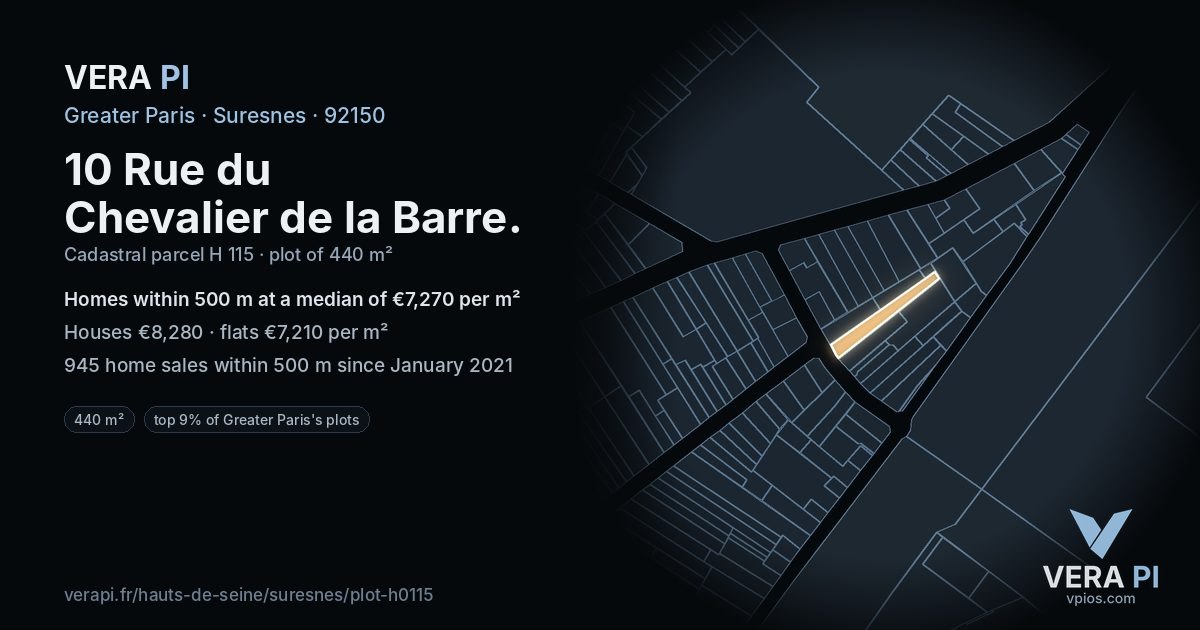 10 Rue du Chevalier de la Barre, Suresnes at night – the plot lit, the parcels around coloured by the prices near them