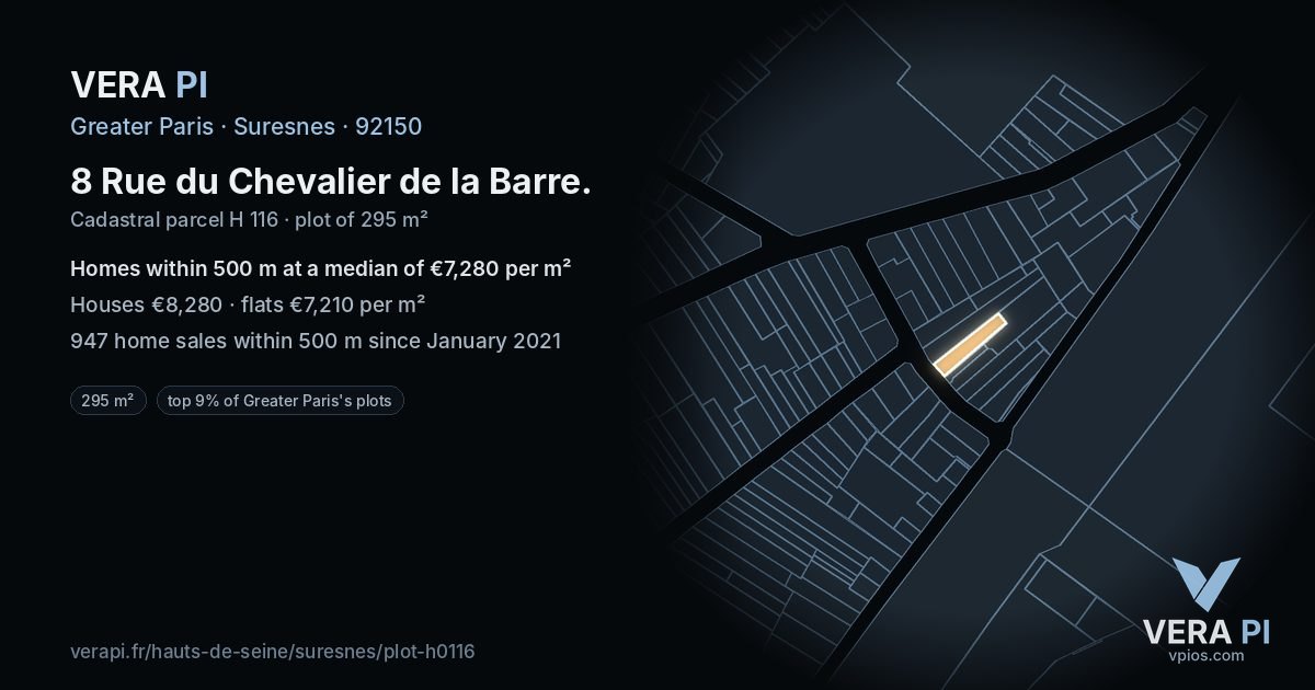 8 Rue du Chevalier de la Barre, Suresnes at night – the plot lit, the parcels around coloured by the prices near them