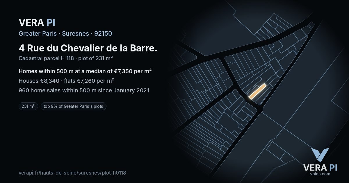 4 Rue du Chevalier de la Barre, Suresnes at night – the plot lit, the parcels around coloured by the prices near them