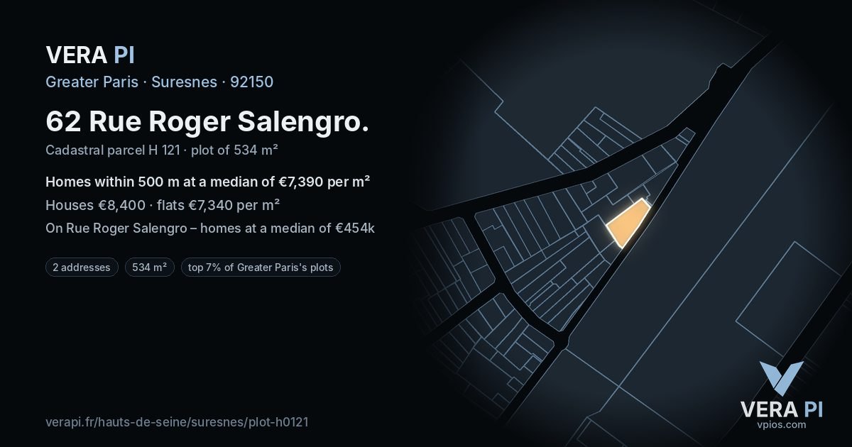 62 Rue Roger Salengro, Suresnes at night – the plot lit, the parcels around coloured by the prices near them