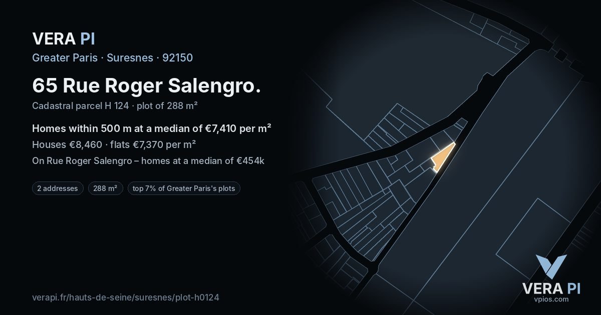65 Rue Roger Salengro, Suresnes at night – the plot lit, the parcels around coloured by the prices near them