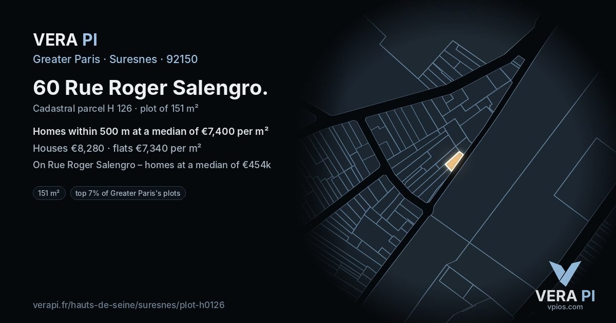 60 Rue Roger Salengro, Suresnes at night – the plot lit, the parcels around coloured by the prices near them