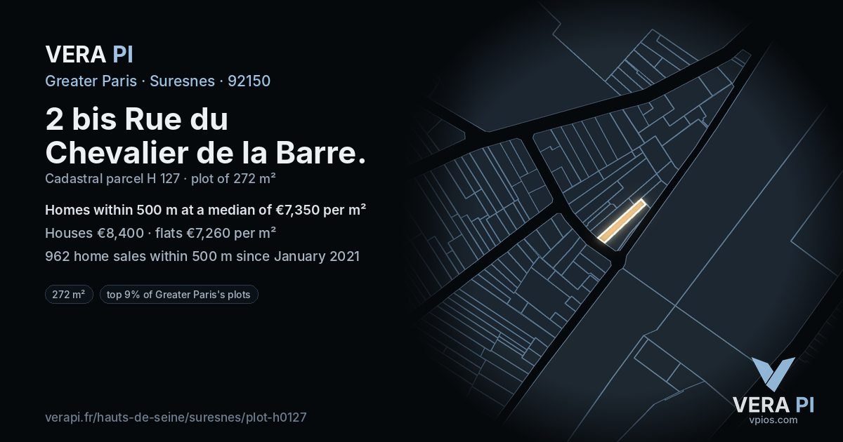 2 bis Rue du Chevalier de la Barre, Suresnes at night – the plot lit, the parcels around coloured by the prices near them