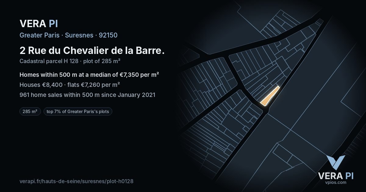2 Rue du Chevalier de la Barre, Suresnes at night – the plot lit, the parcels around coloured by the prices near them