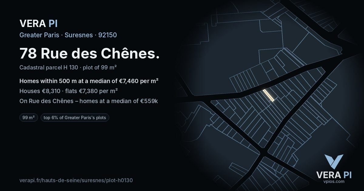 78 Rue des Chênes, Suresnes at night – the plot lit, the parcels around coloured by the prices near them