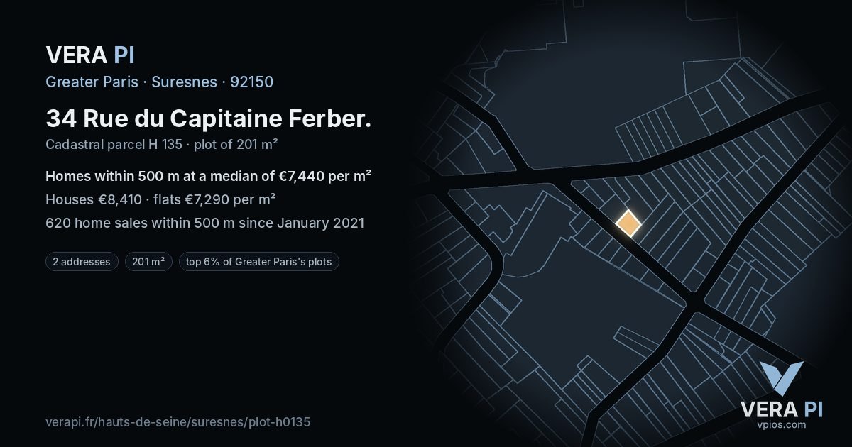 34 Rue du Capitaine Ferber, Suresnes at night – the plot lit, the parcels around coloured by the prices near them