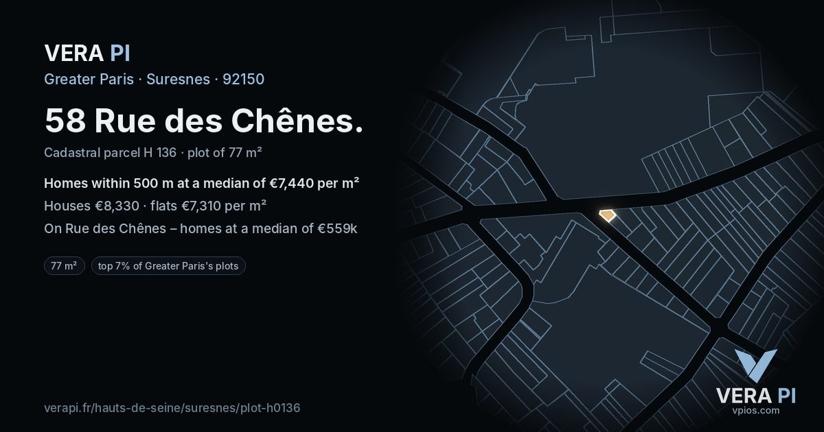 58 Rue des Chênes, Suresnes at night – the plot lit, the parcels around coloured by the prices near them