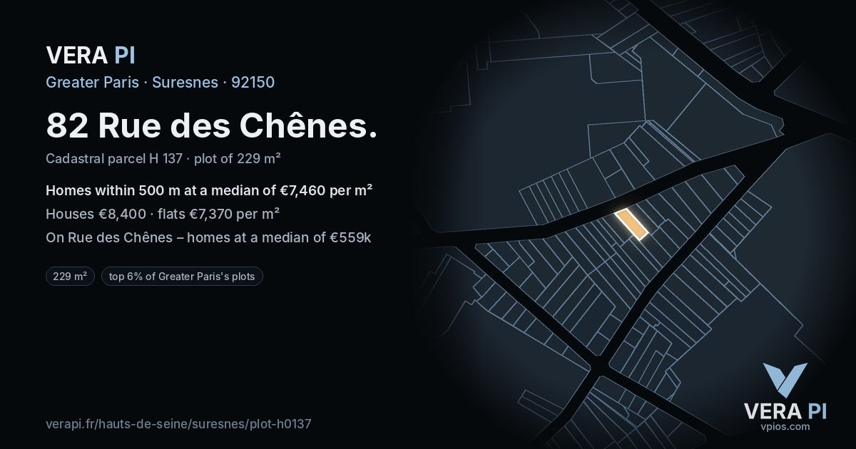 82 Rue des Chênes, Suresnes at night – the plot lit, the parcels around coloured by the prices near them