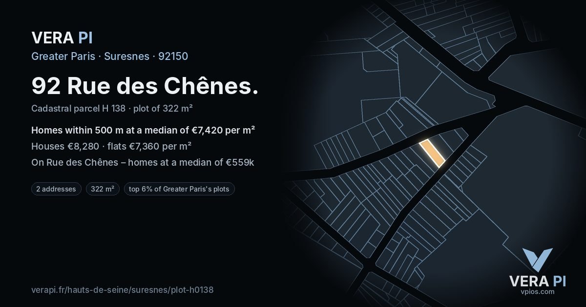 92 Rue des Chênes, Suresnes at night – the plot lit, the parcels around coloured by the prices near them