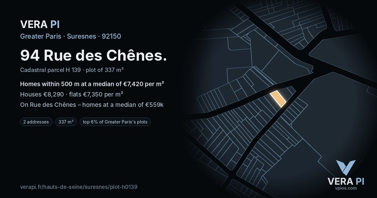 94 Rue des Chênes, Suresnes at night – the plot lit, the parcels around coloured by the prices near them
