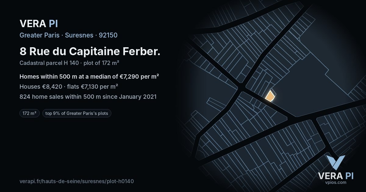 8 Rue du Capitaine Ferber, Suresnes at night – the plot lit, the parcels around coloured by the prices near them