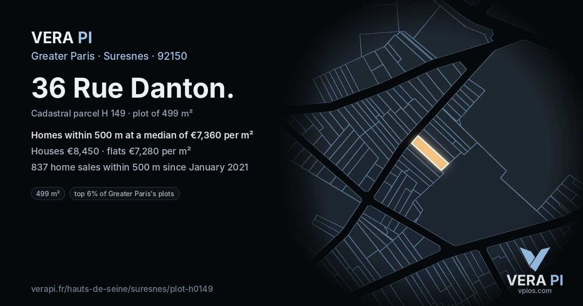 36 Rue Danton, Suresnes at night – the plot lit, the parcels around coloured by the prices near them