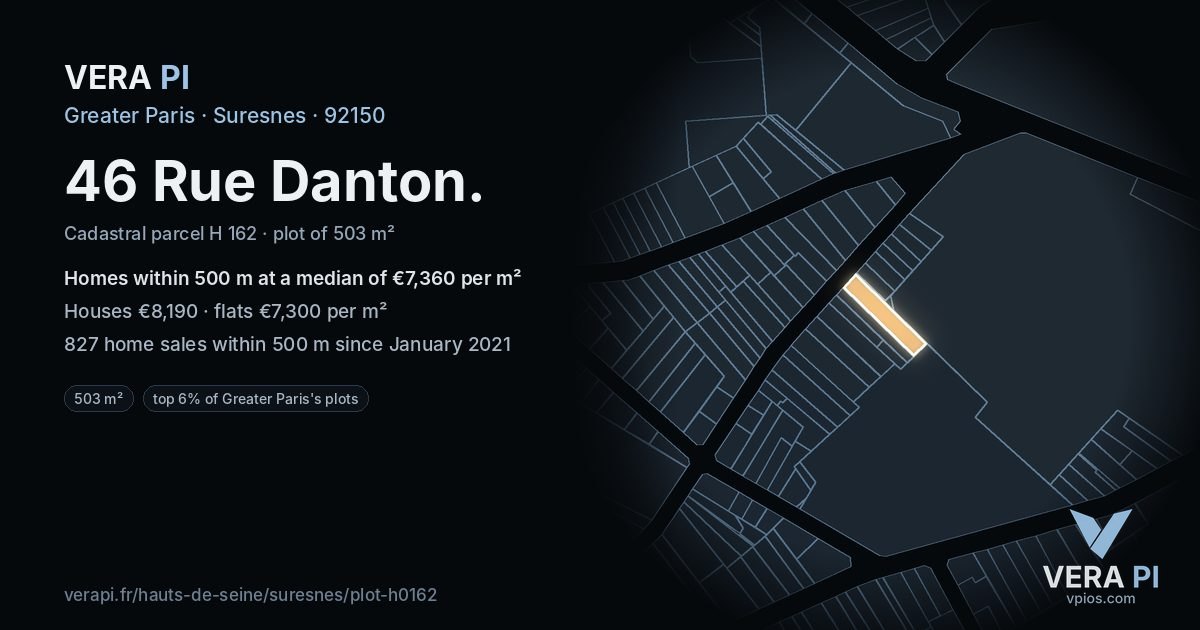 46 Rue Danton, Suresnes at night – the plot lit, the parcels around coloured by the prices near them