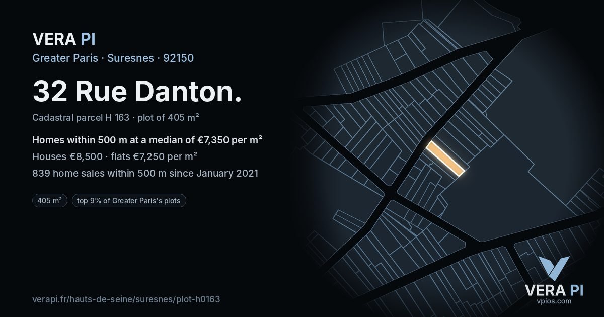 32 Rue Danton, Suresnes at night – the plot lit, the parcels around coloured by the prices near them