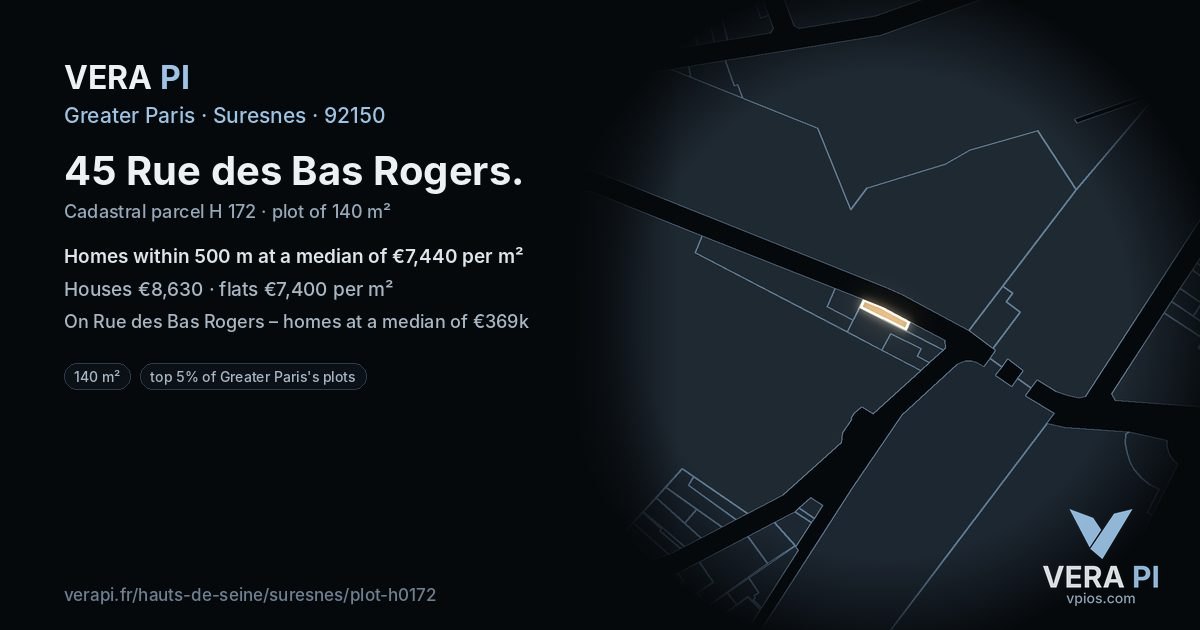 45 Rue des Bas Rogers, Suresnes at night – the plot lit, the parcels around coloured by the prices near them