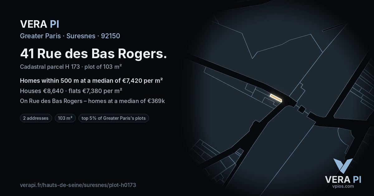 41 Rue des Bas Rogers, Suresnes at night – the plot lit, the parcels around coloured by the prices near them