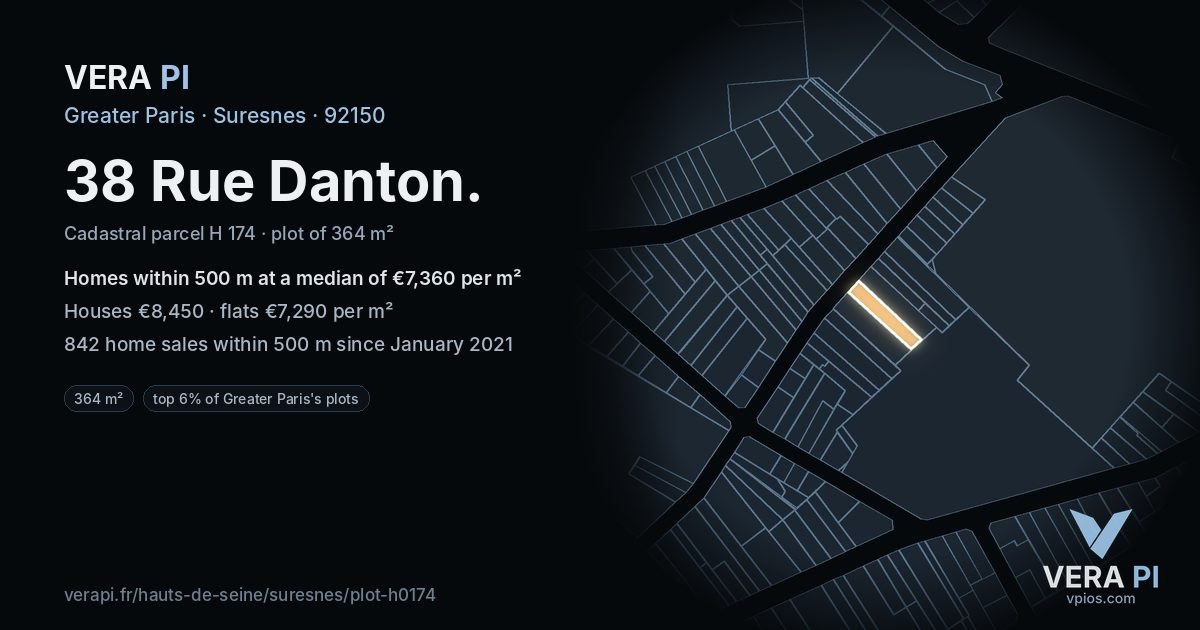 38 Rue Danton, Suresnes at night – the plot lit, the parcels around coloured by the prices near them