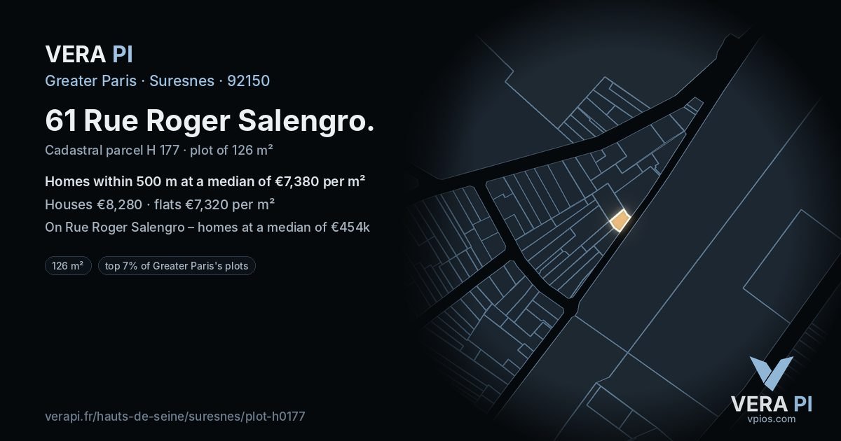 61 Rue Roger Salengro, Suresnes at night – the plot lit, the parcels around coloured by the prices near them