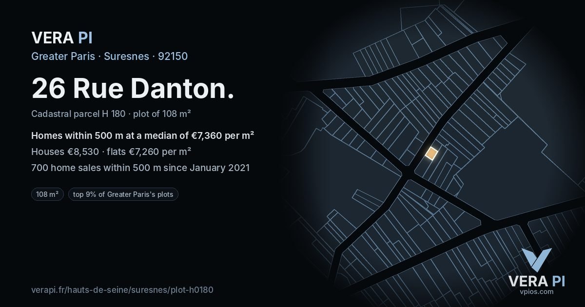 26 Rue Danton, Suresnes at night – the plot lit, the parcels around coloured by the prices near them