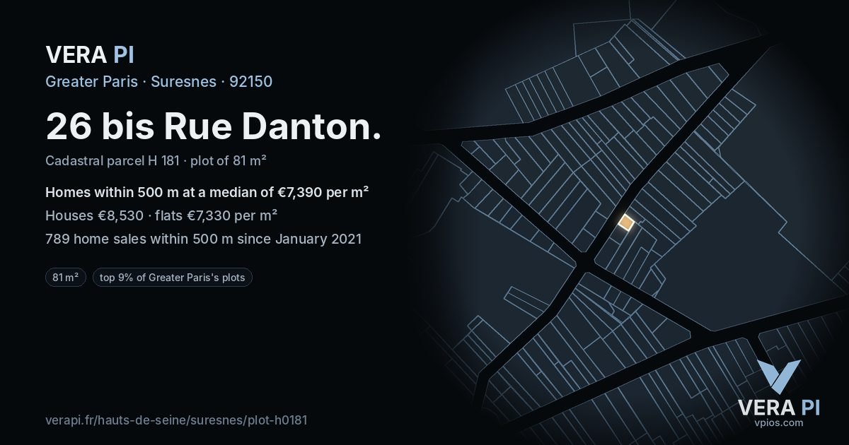26 bis Rue Danton, Suresnes at night – the plot lit, the parcels around coloured by the prices near them