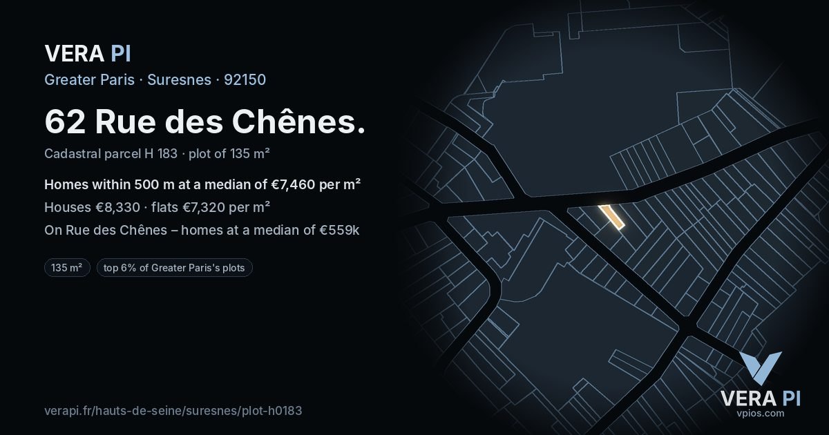 62 Rue des Chênes, Suresnes at night – the plot lit, the parcels around coloured by the prices near them
