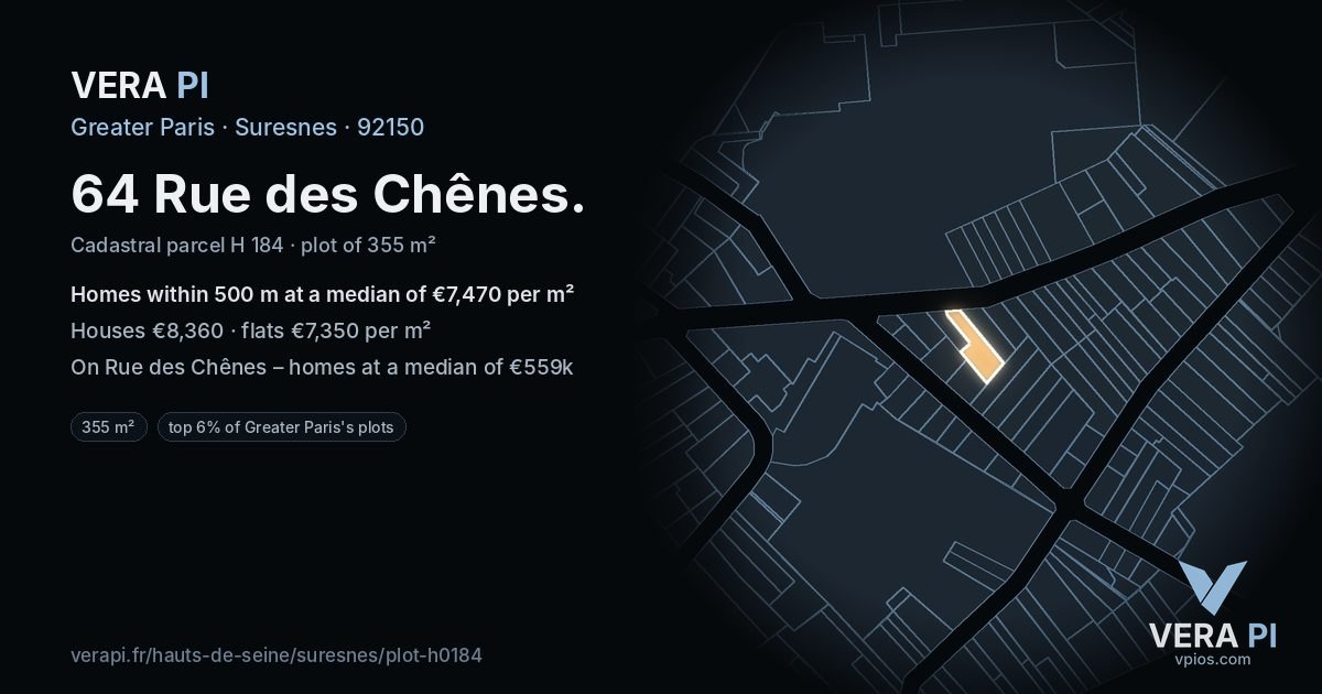 64 Rue des Chênes, Suresnes at night – the plot lit, the parcels around coloured by the prices near them