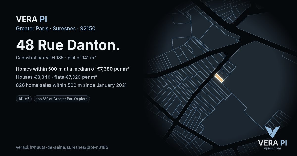 48 Rue Danton, Suresnes at night – the plot lit, the parcels around coloured by the prices near them