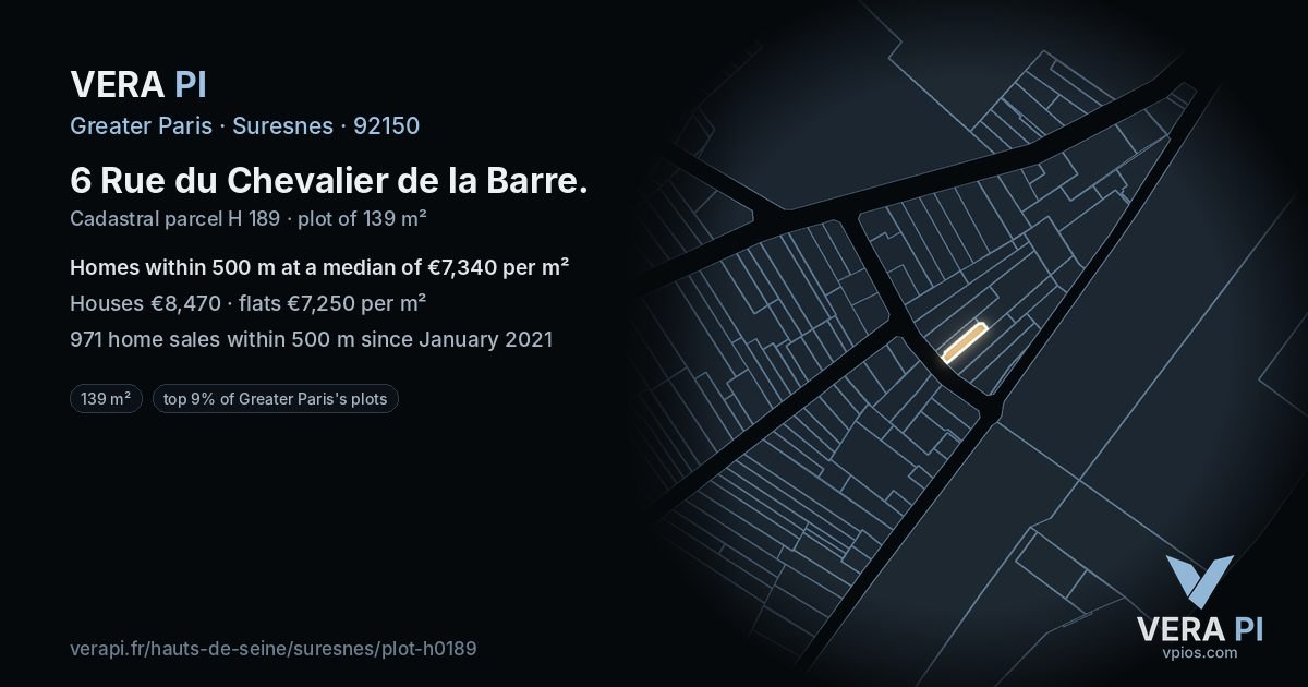 6 Rue du Chevalier de la Barre, Suresnes at night – the plot lit, the parcels around coloured by the prices near them