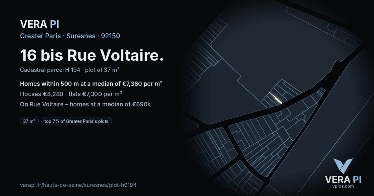 16 bis Rue Voltaire, Suresnes at night – the plot lit, the parcels around coloured by the prices near them