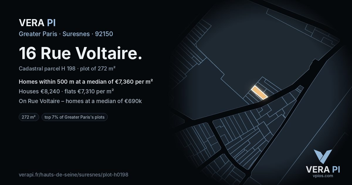 16 Rue Voltaire, Suresnes at night – the plot lit, the parcels around coloured by the prices near them