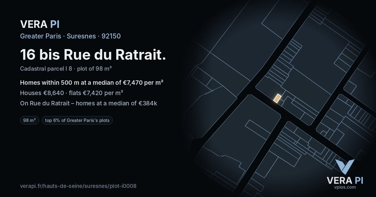 16 bis Rue du Ratrait, Suresnes at night – the plot lit, the parcels around coloured by the prices near them