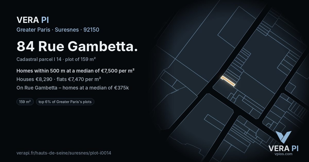 84 Rue Gambetta, Suresnes at night – the plot lit, the parcels around coloured by the prices near them