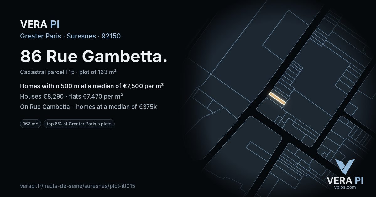 86 Rue Gambetta, Suresnes at night – the plot lit, the parcels around coloured by the prices near them