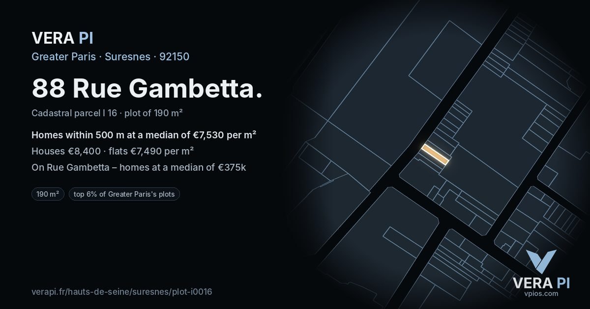 88 Rue Gambetta, Suresnes at night – the plot lit, the parcels around coloured by the prices near them