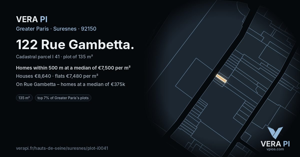 122 Rue Gambetta, Suresnes at night – the plot lit, the parcels around coloured by the prices near them