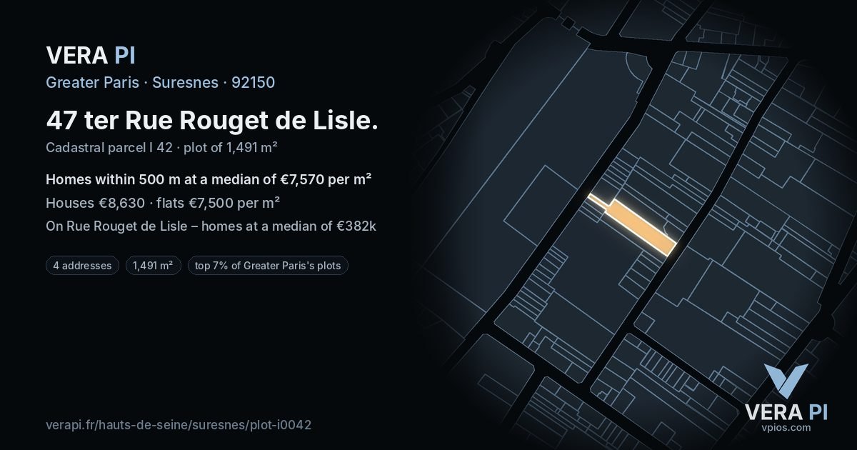 47 ter Rue Rouget de Lisle, Suresnes at night – the plot lit, the parcels around coloured by the prices near them