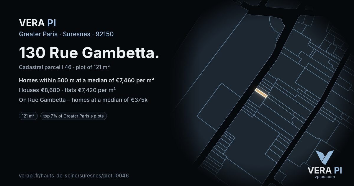 130 Rue Gambetta, Suresnes at night – the plot lit, the parcels around coloured by the prices near them