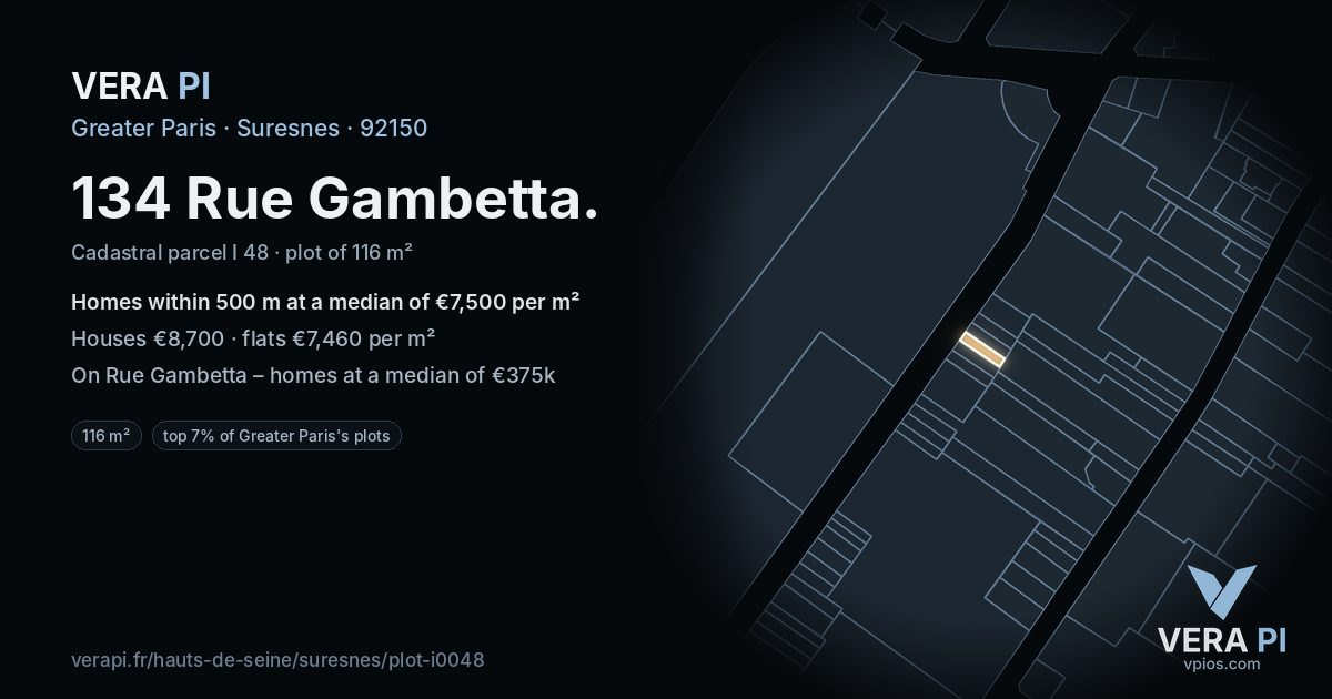 134 Rue Gambetta, Suresnes at night – the plot lit, the parcels around coloured by the prices near them