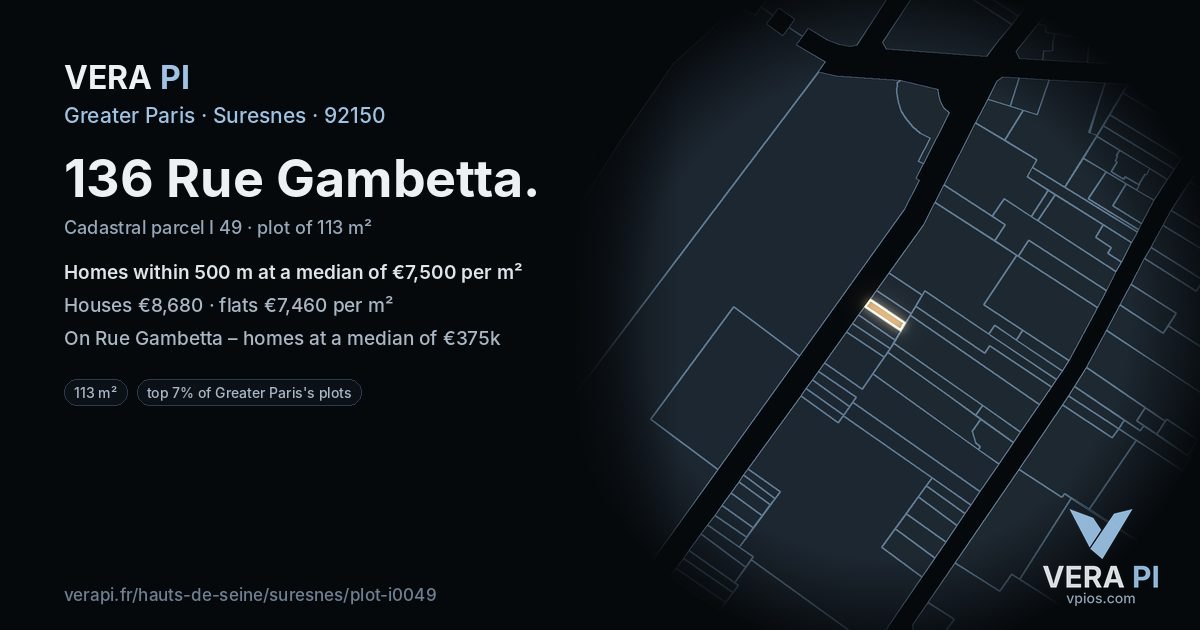 136 Rue Gambetta, Suresnes at night – the plot lit, the parcels around coloured by the prices near them