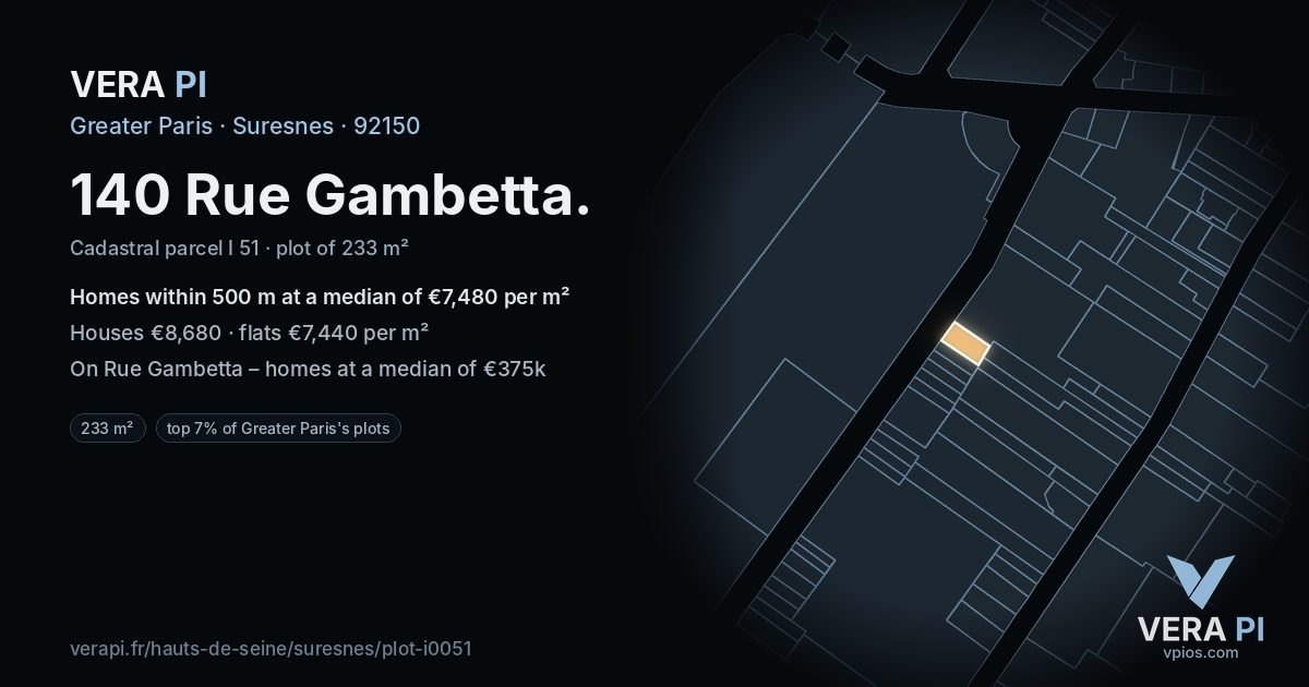 140 Rue Gambetta, Suresnes at night – the plot lit, the parcels around coloured by the prices near them