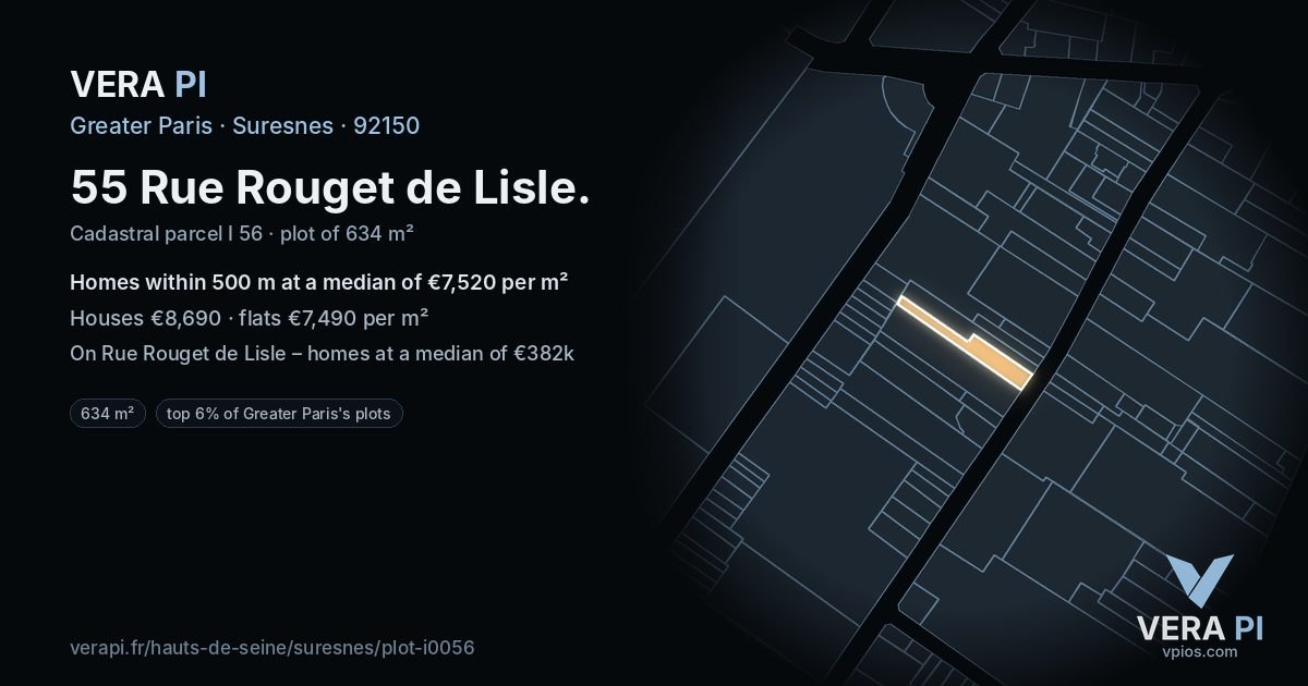 55 Rue Rouget de Lisle, Suresnes at night – the plot lit, the parcels around coloured by the prices near them