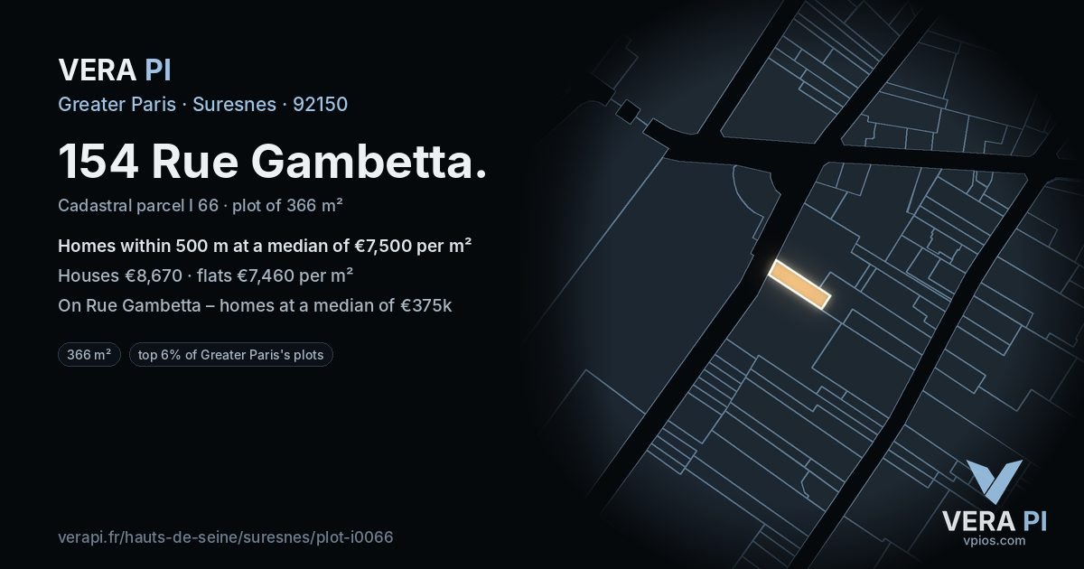154 Rue Gambetta, Suresnes at night – the plot lit, the parcels around coloured by the prices near them