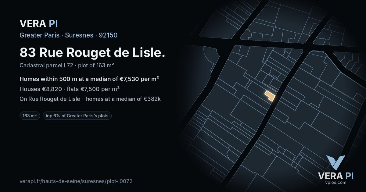 83 Rue Rouget de Lisle, Suresnes at night – the plot lit, the parcels around coloured by the prices near them