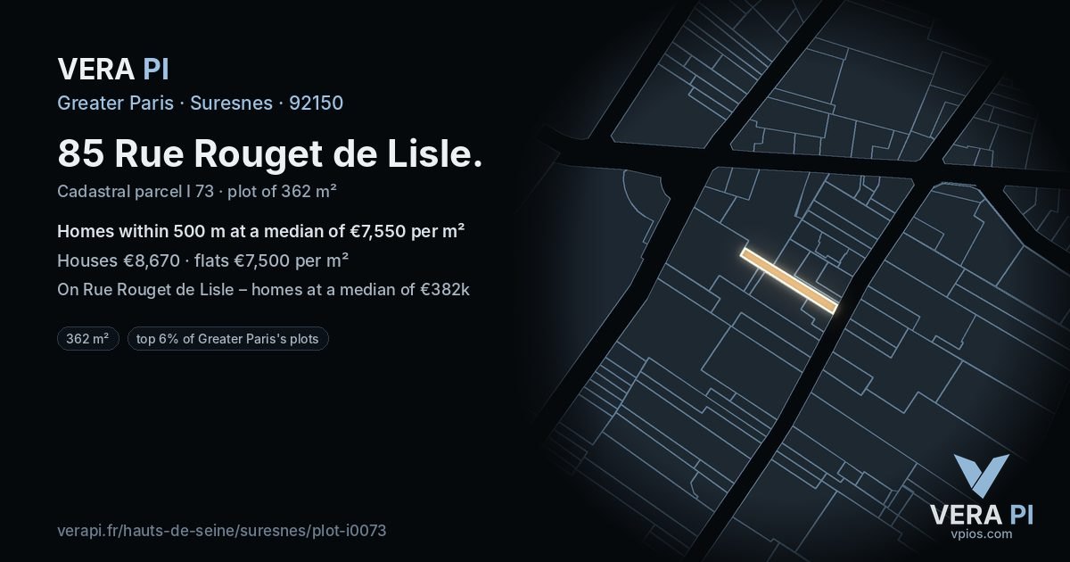 85 Rue Rouget de Lisle, Suresnes at night – the plot lit, the parcels around coloured by the prices near them
