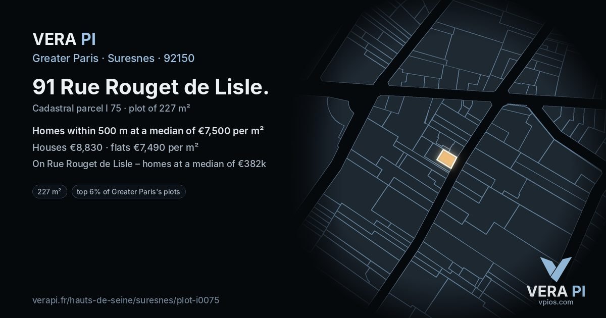 91 Rue Rouget de Lisle, Suresnes at night – the plot lit, the parcels around coloured by the prices near them