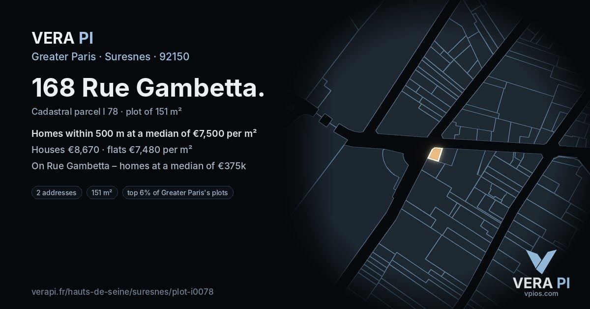 168 Rue Gambetta, Suresnes at night – the plot lit, the parcels around coloured by the prices near them